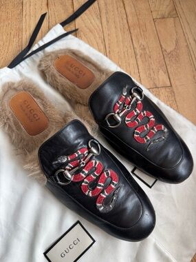 Gucci Black Leather Fur-Lined Mules with Red & White Snake Embroidery Size 11